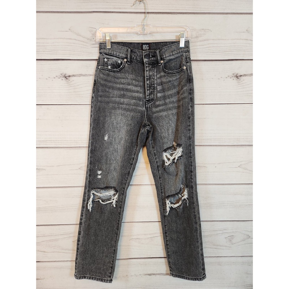 BDG Urban Outfitters Womens Black High Rise Distressed Slim Straight Jeans 25